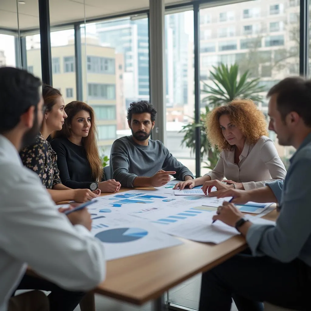 Equipo de consultores financieros en reunión estratégica en oficina moderna en Buenos Aires